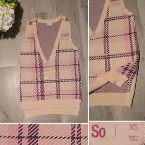 SO Oversized Pink, Cream, and Purple Deep V-Neck Plaid Sweater Vest, Junior's XS